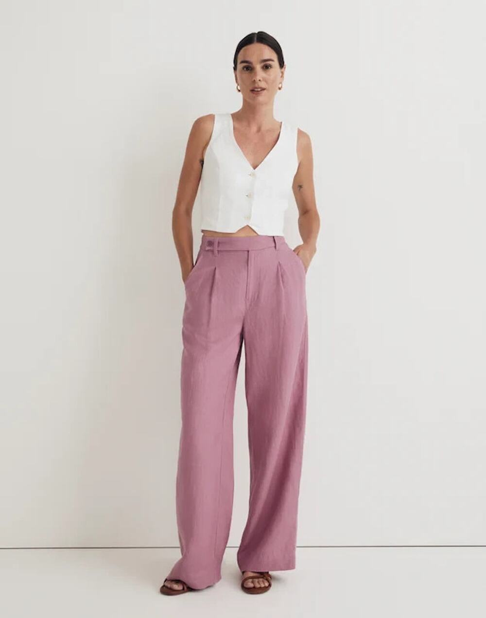 Madewell Harlow Wide-Leg Linen Pants Womens 4 Pink High Rise Pleated Sailor Tab